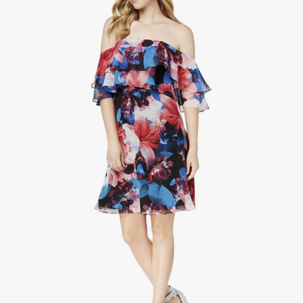 Calvin Klein Floral Printed Flounce Off-Shoulder Ruffle Tiered Dress